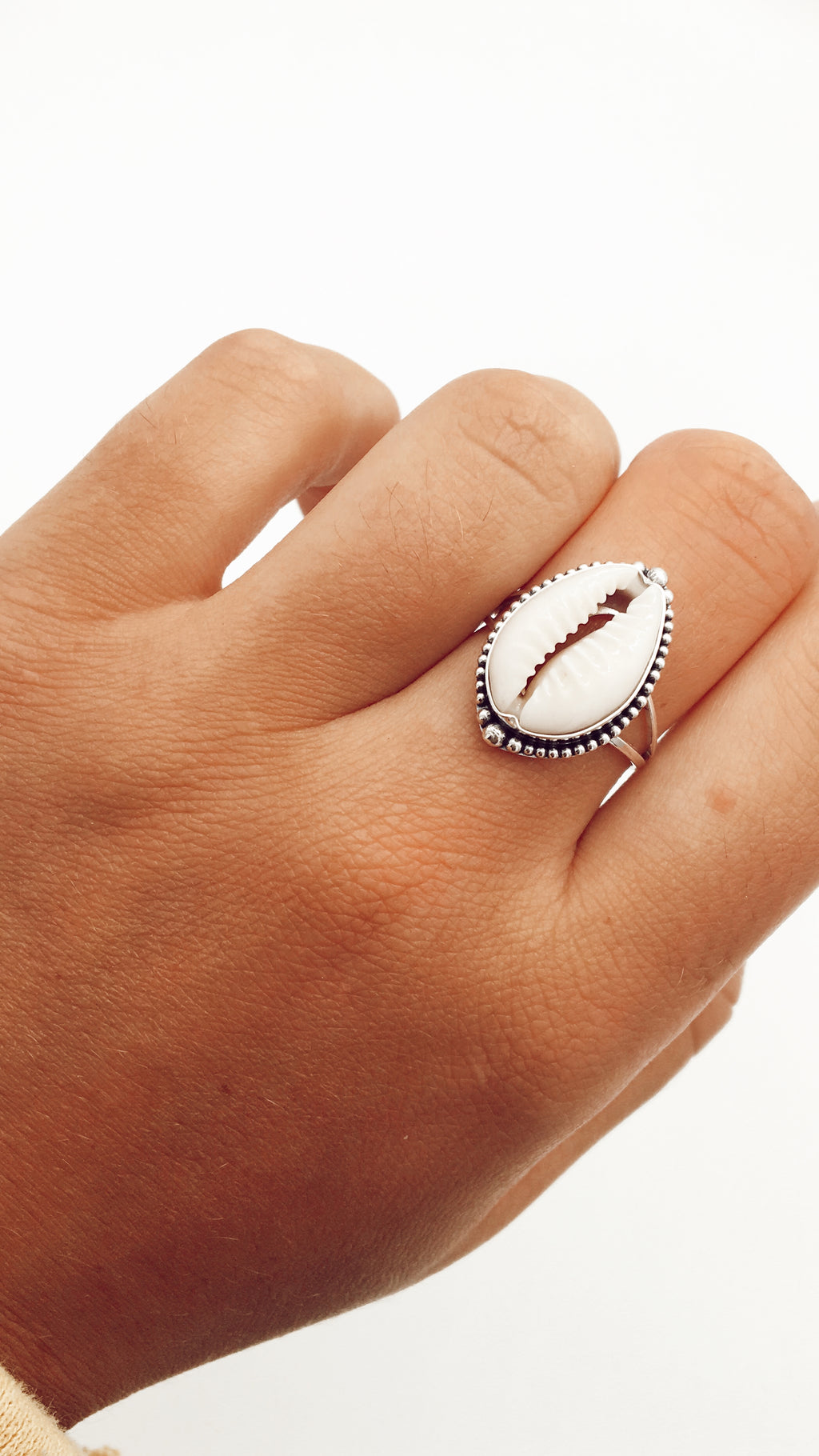 Beaded Cowrie Shell Ring Silver